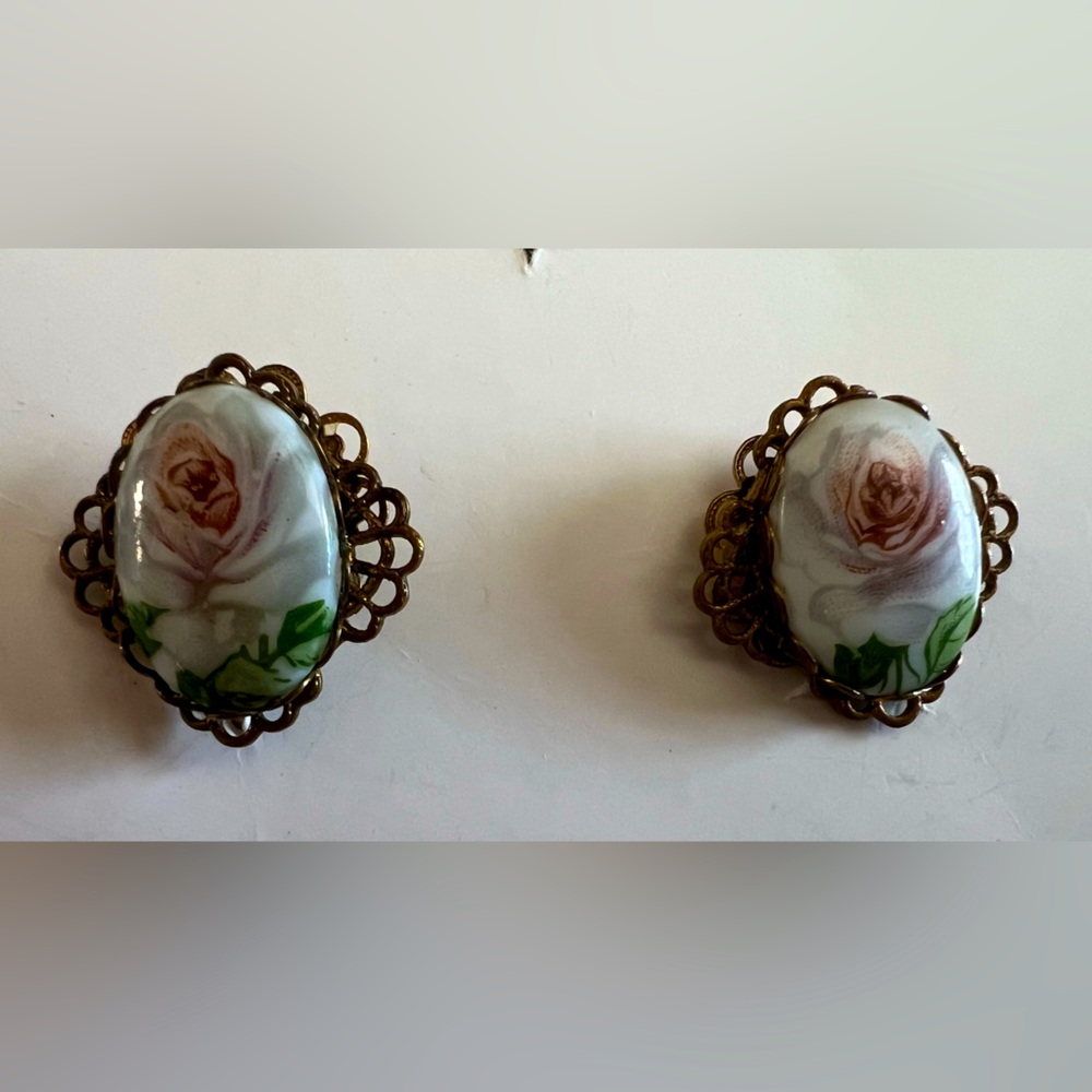 Hand Painted Vintage Rose Clip-On Earrings